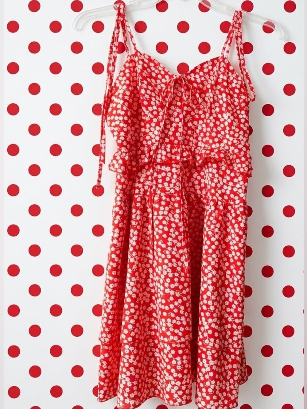 Simplee Apparel Red Ditsy Floral Tiered Ruffle Midi Dress